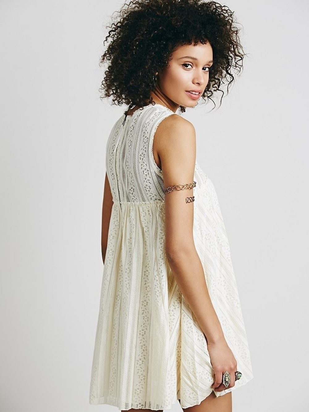 Free People Tu-es-la Mini Dress Lace-Detail Ivory Swing Dress - Women